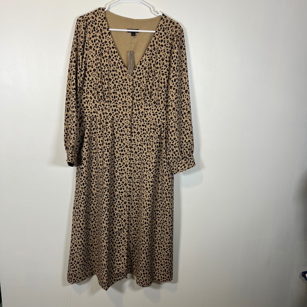 J.Crew Leopard Print V-Neck Button Front Midi Dress Tan Black AD076 Size 14 NEW